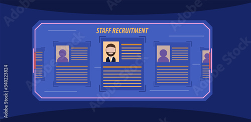 Staff recruitment. Candidate Profile on Holographic Screen. Modern Recruitment.. Stock Vector Illustration. Flat style.