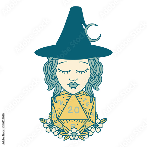 human witch with natural twenty dice roll illustration
