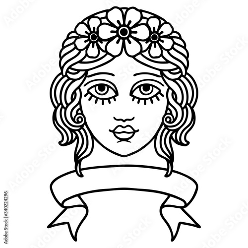 black linework tattoo with banner of female face with crown of flowers
