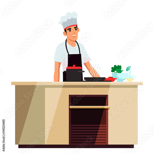 Master chef cooking at table isolated on white