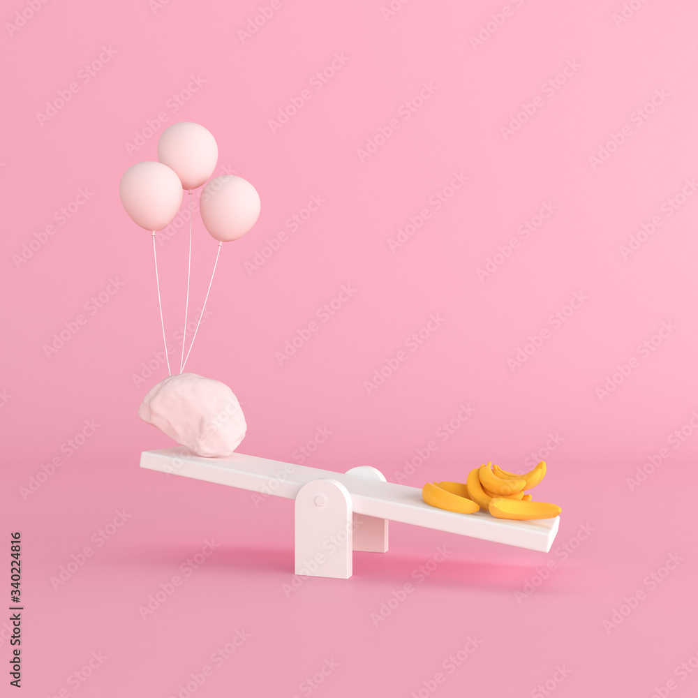 Minimal conceptual idea of floating balloons and rock opposite with yellow banana on white seesaw,weight concept. 3D rendering.