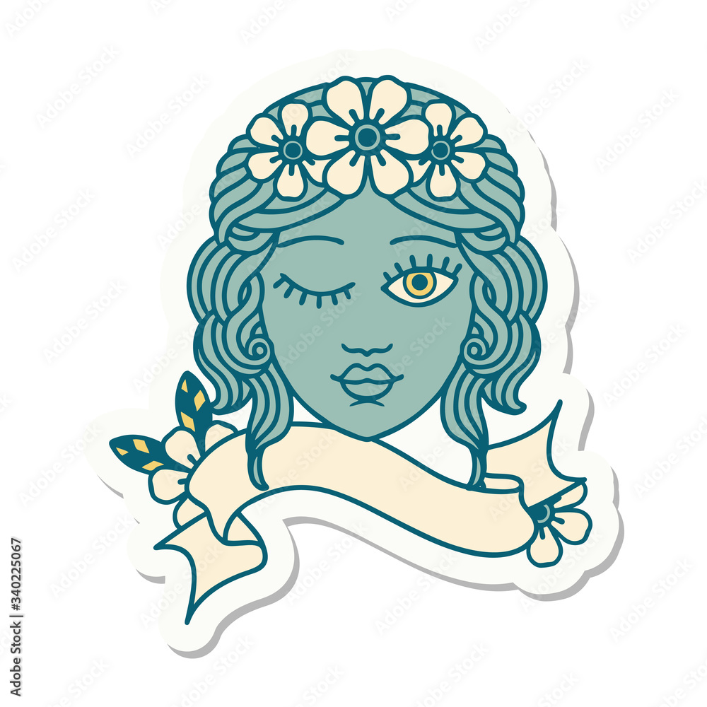 tattoo sticker with banner of a maidens face winking tattoo sticker with banner of a maidens face winking