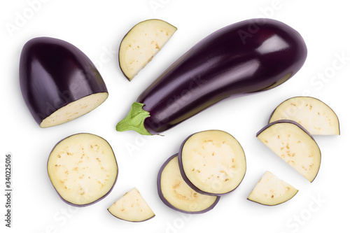 Eggplant or aubergine with slices isolated on white background. Clipping path and full depth of field. top, view, flat lay photo