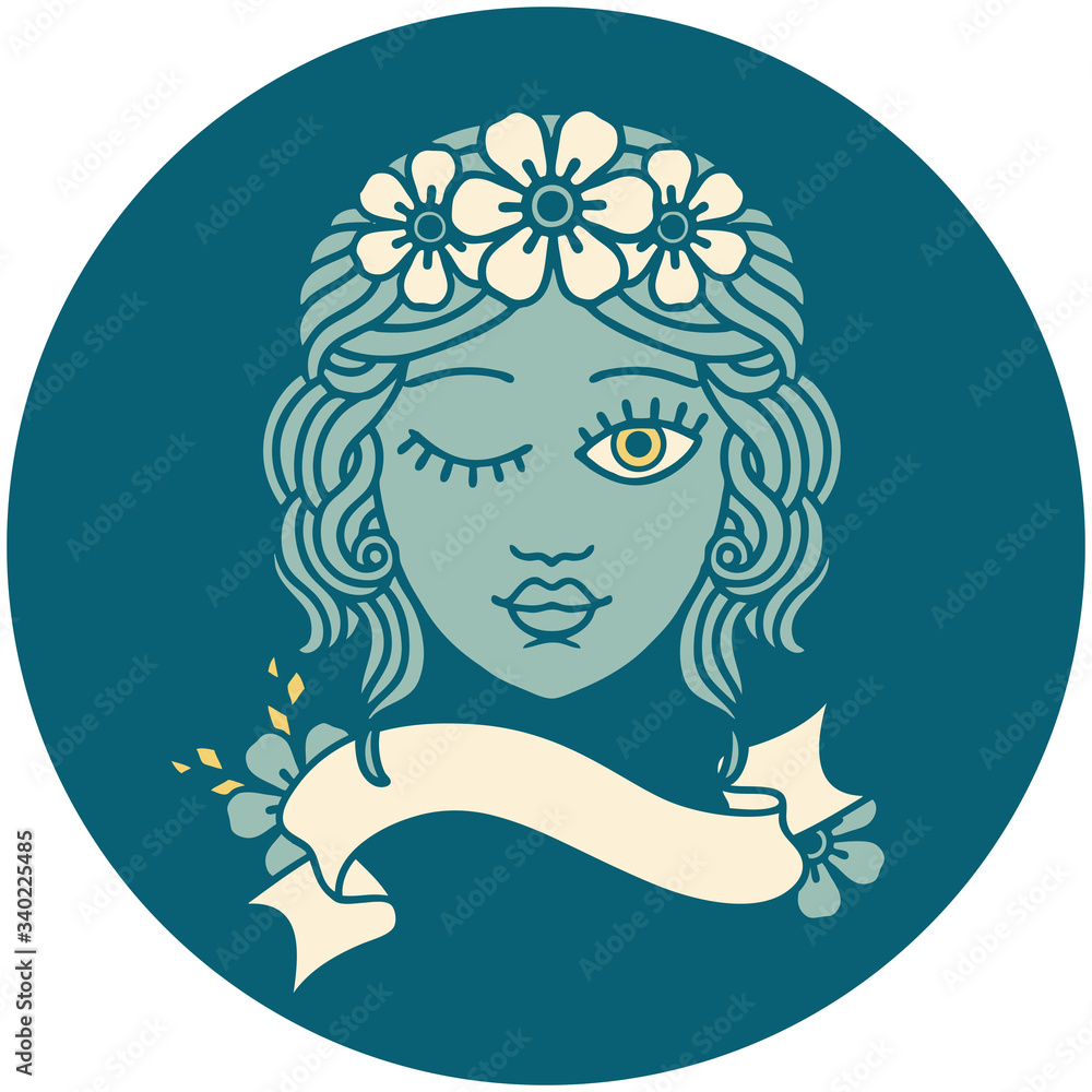icon with banner of a maidens face winking icon with banner of a maidens face winking