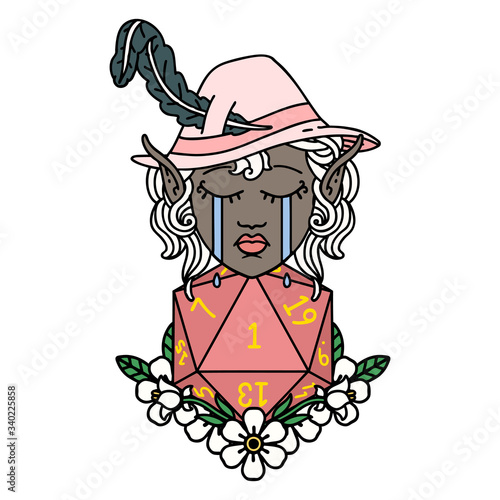 crying elf bard character with natural one D20 roll illustration