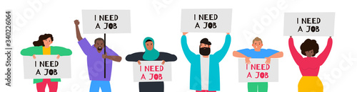 jobless people hold placard i need a job unemployment crisis vector illustration