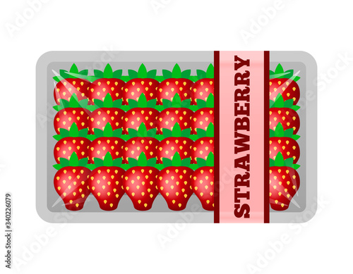 organic strawberries package in transparent foam tray isolated on white background