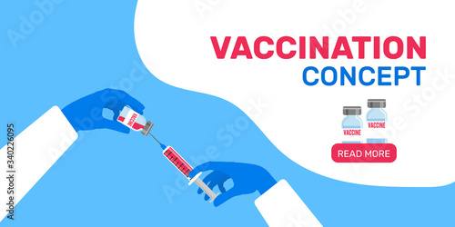coronavirus  covid 19 vaccine bottle and syringe   in hand wearing rubber glove vaccination concept vector illustration web banner design