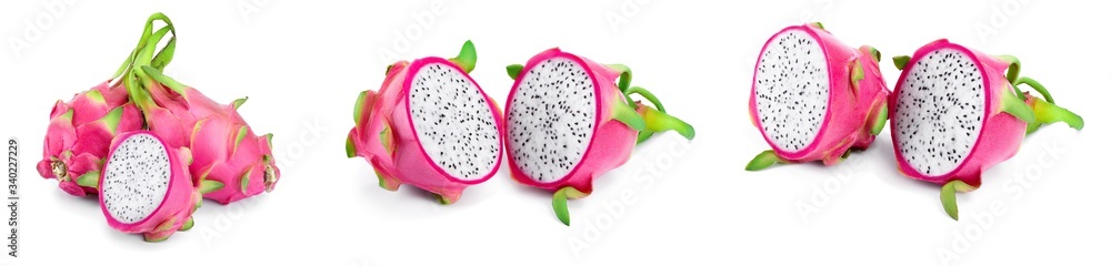 Ripe Dragon fruit, Pitaya or Pitahaya isolated on white background, fruit healthy concept. Set or collection Ripe Dragon fruit, Pitaya or Pitahaya isolated on white background, fruit healthy concept. Set or collection