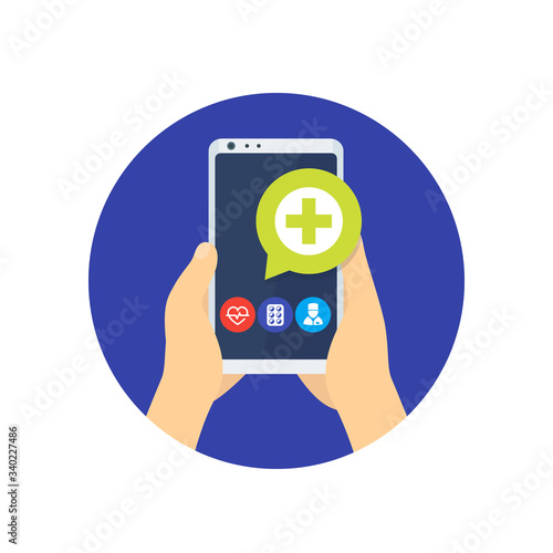 Telemedicine, online medical consultation icon with phone app