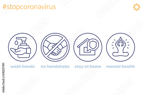 stop coronavirus, advices line icons, wash hands, stay at home