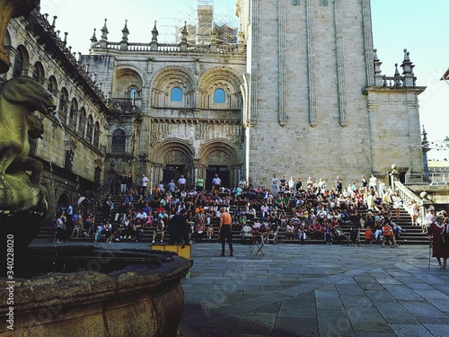People On Steps At Santiago De Compostela Cathedral Fotobehang