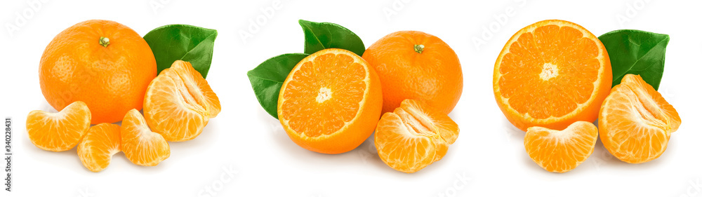 tangerine or mandarin fruit with leaves isolated on white background. Set or collection tangerine or mandarin fruit with leaves isolated on white background. Set or collection