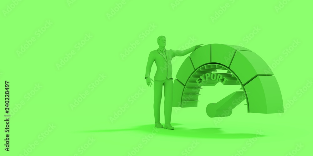 Export level scale with arrow. Man stay near measuring device. Sign tachometer, speedometer, indicators. Infographic gauge element. 3D rendering Export level scale with arrow. Man stay near measuring device. Sign tachometer, speedometer, indicators. Infographic gauge element. 3D rendering