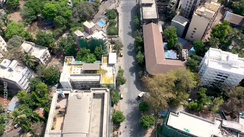 Aerial footage of empty roads / streets of Mumbai (Century bazaar / Prabhadevi) during lockdown April 2020 (Corona/Covid-19) - Maharashtra, India photo