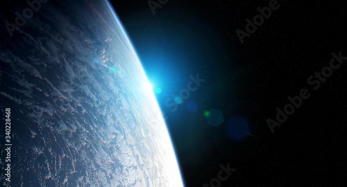 Fototapeta Naklejka Na Ścianę i Meble -  View of planet Earth close up with atmosphere during a sunrise 3D rendering elements of this image furnished by NASA