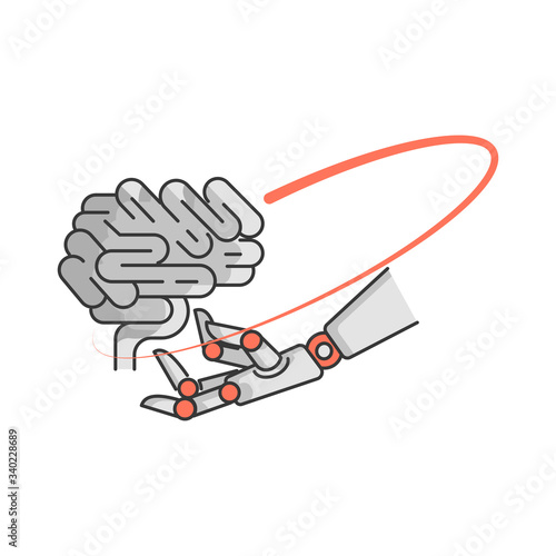 Robot android hand hold human brain.  Creative idea future mind technology concept. Artificial Intelligence AI. Machine learning. Flat style illustration. Isolated on white background. 