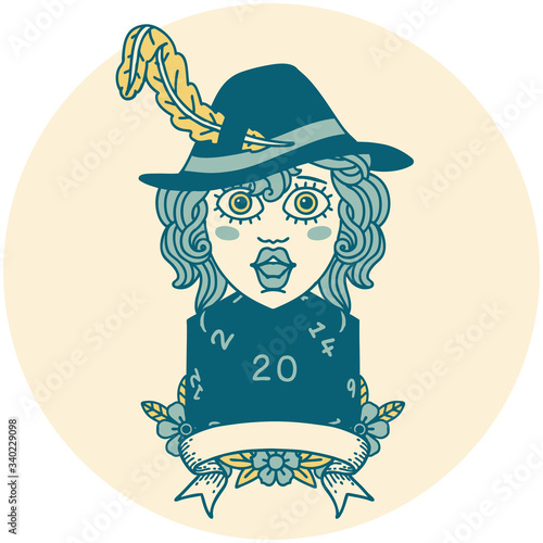 human bard character with natural 20 dice roll illustration
