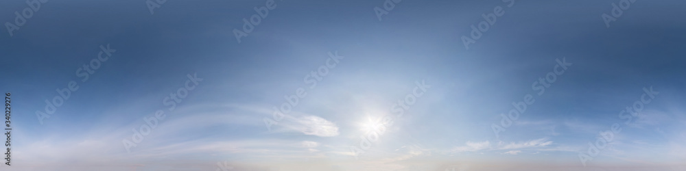 Fototapeta premium Seamless hdri panorama 360 degrees angle view blue clear evening sky with zenith for use in 3d graphics or game development as sky dome or edit drone shot