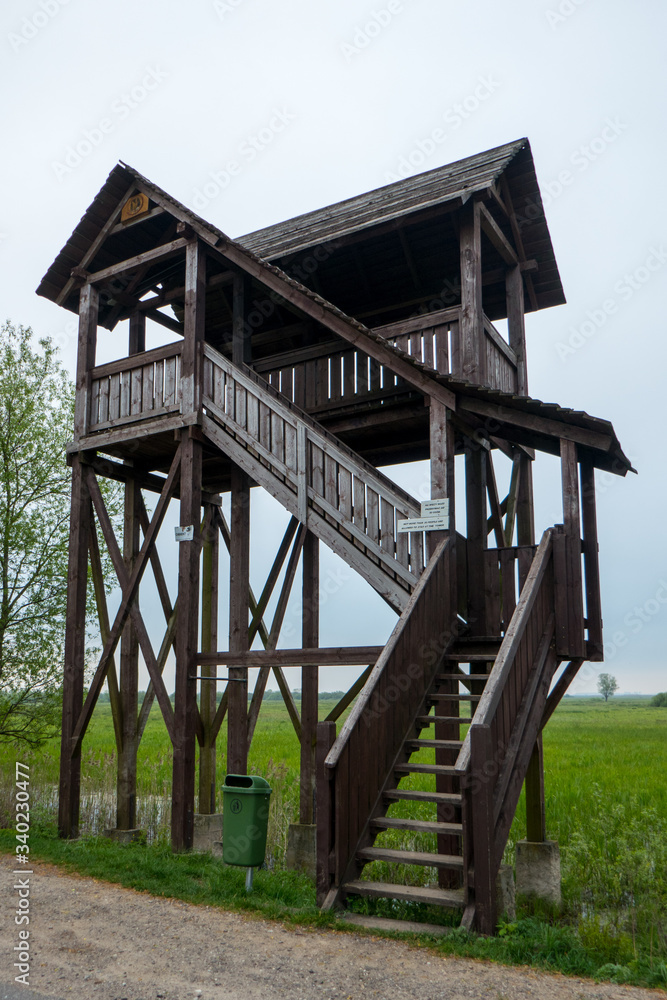 Bird watching tower by a wetland in Biebrza National Park near Goniadz, eastern Poland.
