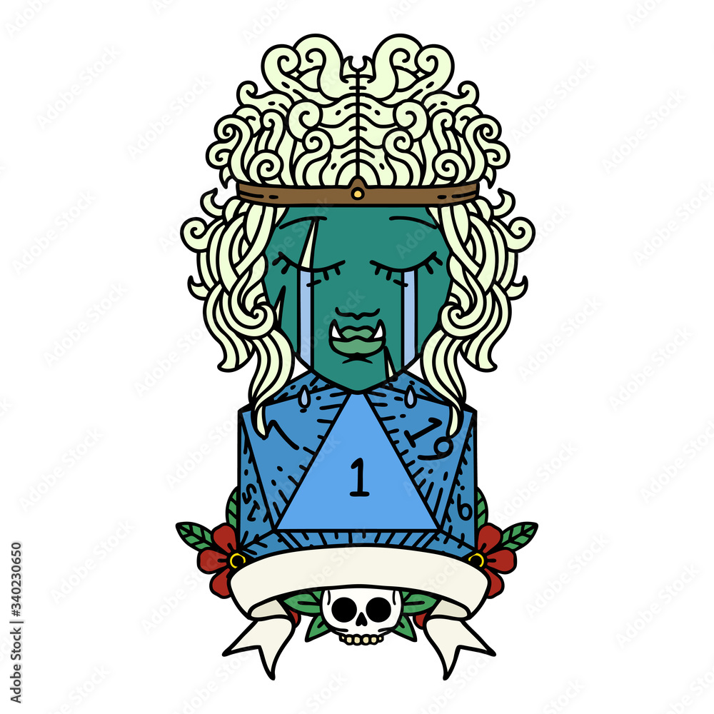 crying orc barbarian character with natural one D20 roll illustration crying orc barbarian character with natural one D20 roll illustration