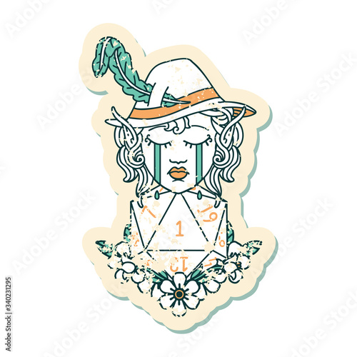 crying elf bard character with natural one D20 roll illustration