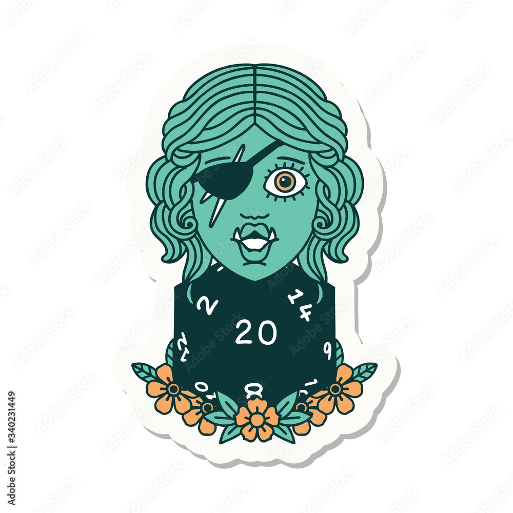 half orc rogue with natural 20 dice roll sticker