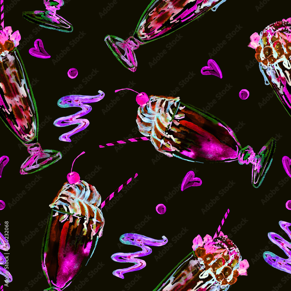 Milkshakes with straw, cherry on the top and chocolates, dark neon colors palette, watercolor hand painted illustration, seamless pattern design on black background Milkshakes with straw, cherry on the top and chocolates, dark neon colors palette, watercolor hand painted illustration, seamless pattern design on black background