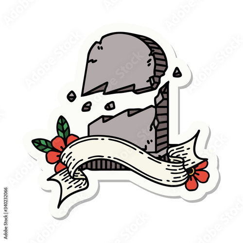 tattoo sticker with banner of a broken grave stone