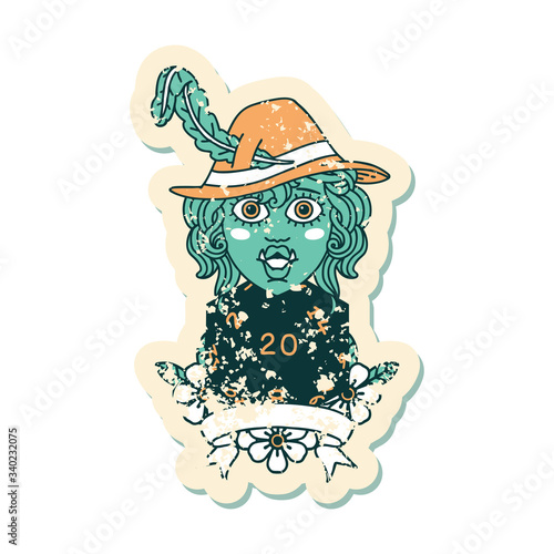 half orc bard with natural 20 dice roll illustration
