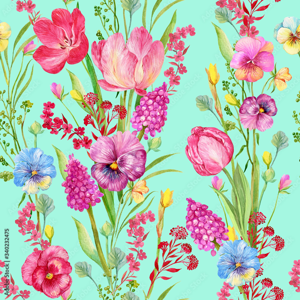 flower pattern with tulips and butterfly illustration watercolor. Floral print for printing on fabric