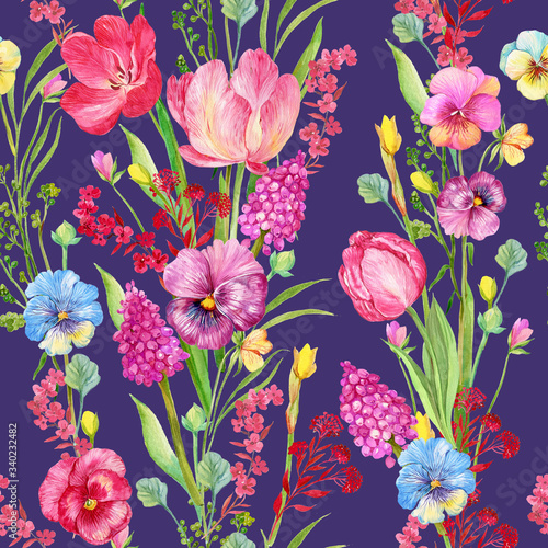 floral pattern with tulips on a purple background.illustration in watercolor. Floral print for printing on fabric