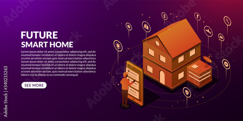 Smart home technology with multiple icons in isometric design