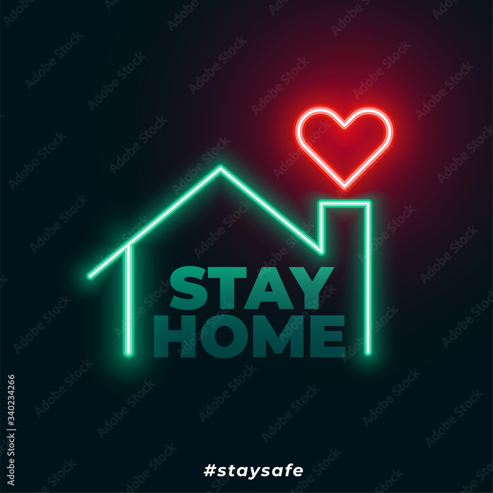 neon style stay home stay safe poster design