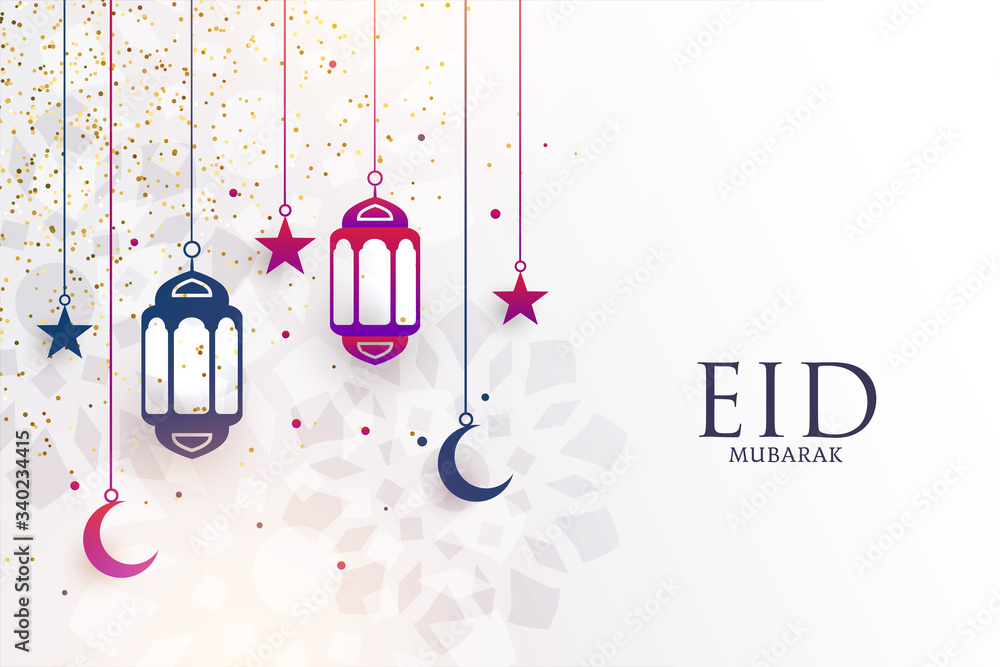 eid mubarak festival greeting with lamps and moon - obrazy, fototapety, plakaty 