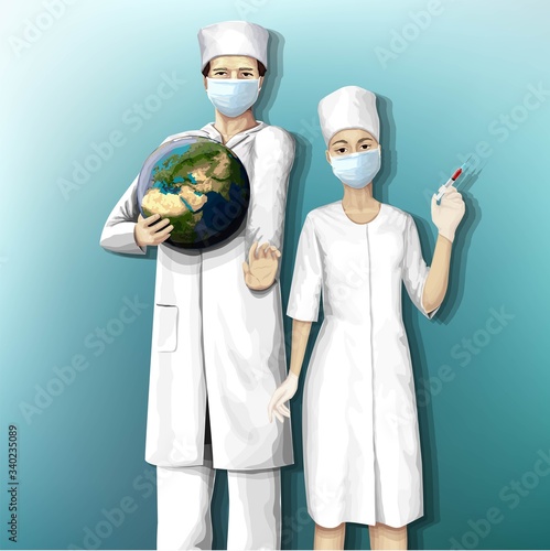 A nurse with a syringe in her hand and a doctor with a globe. Doctors protect the world from disease.
Medical workers on a blue background. Stock vector.