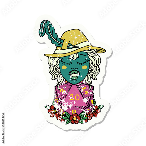 half orc bard with natural twenty dice roll  illustration