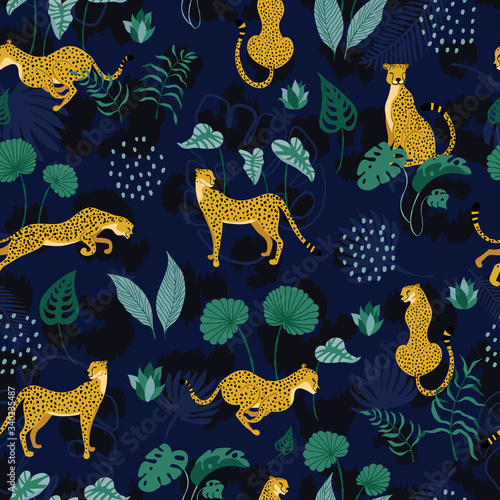 Photography Seamless pattern of summer paradise in tropical jungles with cheetahs and tropical foliage on dark blue backdrop
