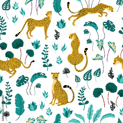 Seamless pattern of summer paradise in tropical jungles with cheetahs and foliage on white backdrop. Wild cats in different poses surrounded by exotic plants. Animalistic trendy style