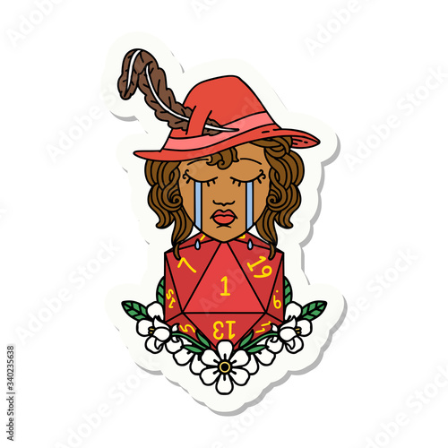 crying human bard with natural one D20 dice roll sticker
