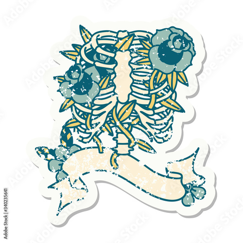 grunge sticker with banner of a rib cage and flowers