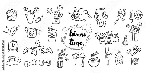 cute hand draw doodle art of leisure time or free time cartoon style concept for stay home and stay connected. 