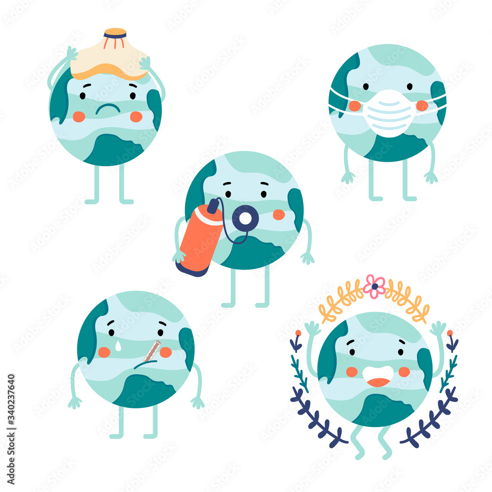 Earth planet character set collection.Vector illustration Isolated on white background. Eco friendly, save ecology. Icon set - Save the planet. Earth planet character set collection.Vector illustration Isolated on white background. Eco friendly, save ecology. Icon set - Save the planet.