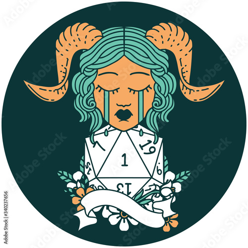 crying tiefling with natural one D20 roll icon