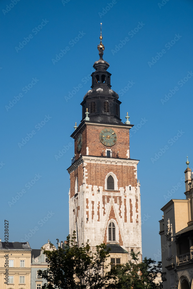 City Hall Tower at main Market Square in the center of Old town of Krakow, Poland