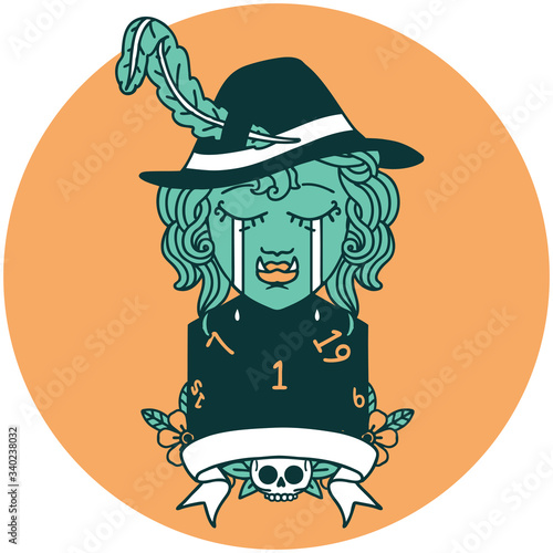 crying orc bard character with natural one D20 roll icon