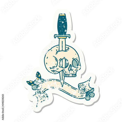 grunge sticker with banner of a skull and dagger