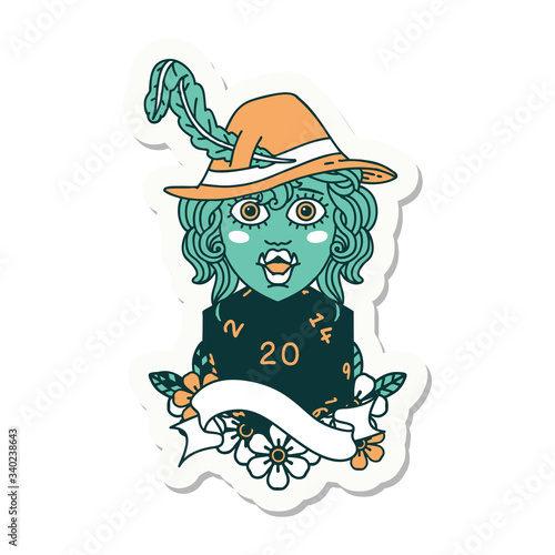 singing half orc bard character with natural twenty dice roll sticker