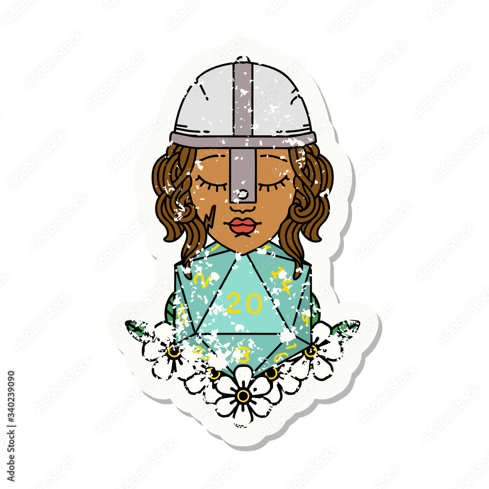 human fighter with natural 20 D20 dice roll illustration