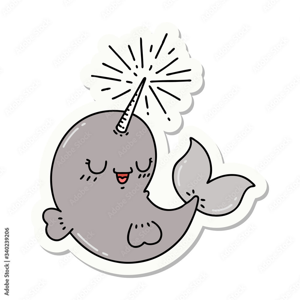 sticker of tattoo style happy narwhal sticker of tattoo style happy narwhal